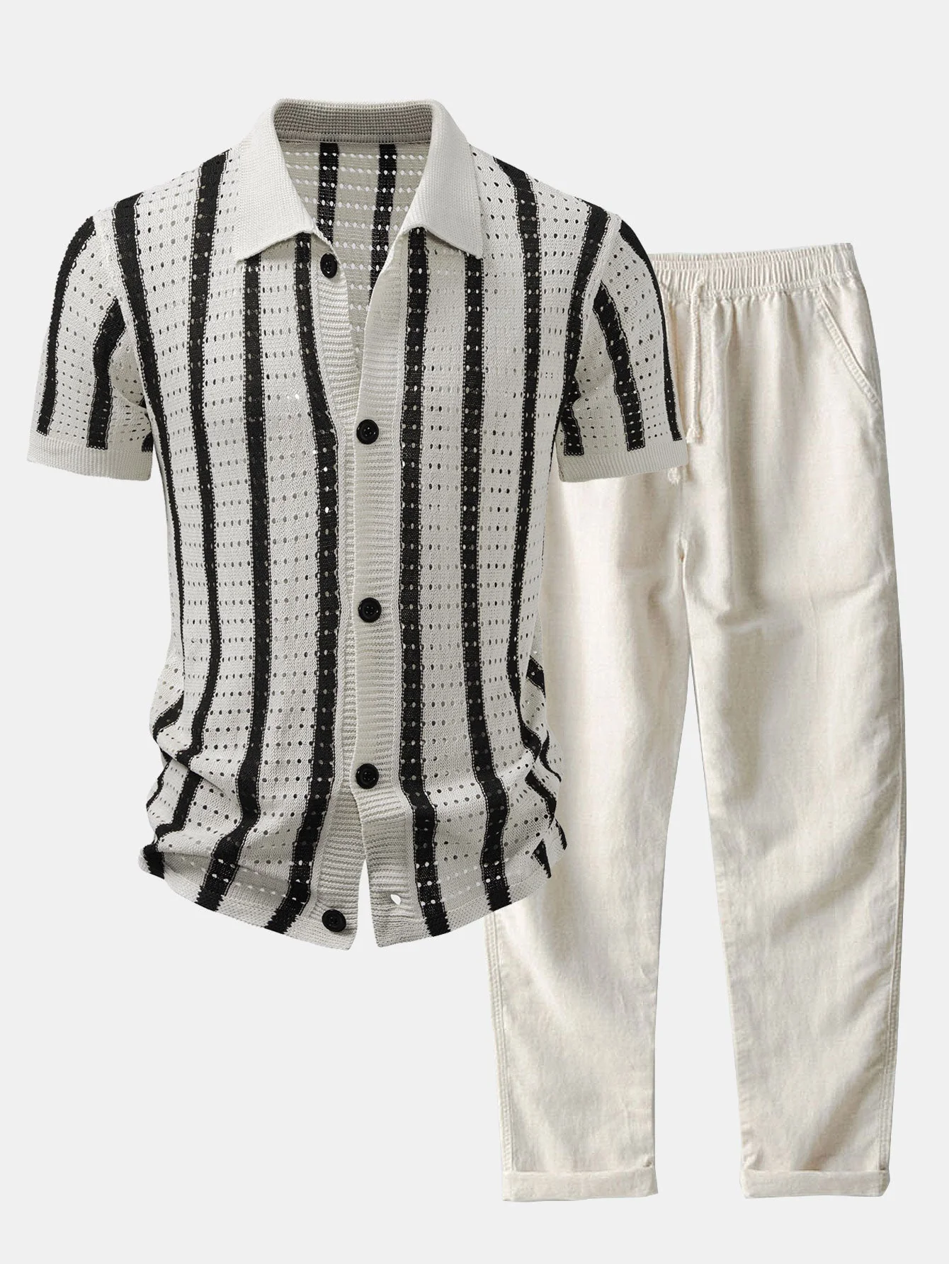 hola Striped shirt with knitted eyelets & straight leg linen trousers - Image 2
