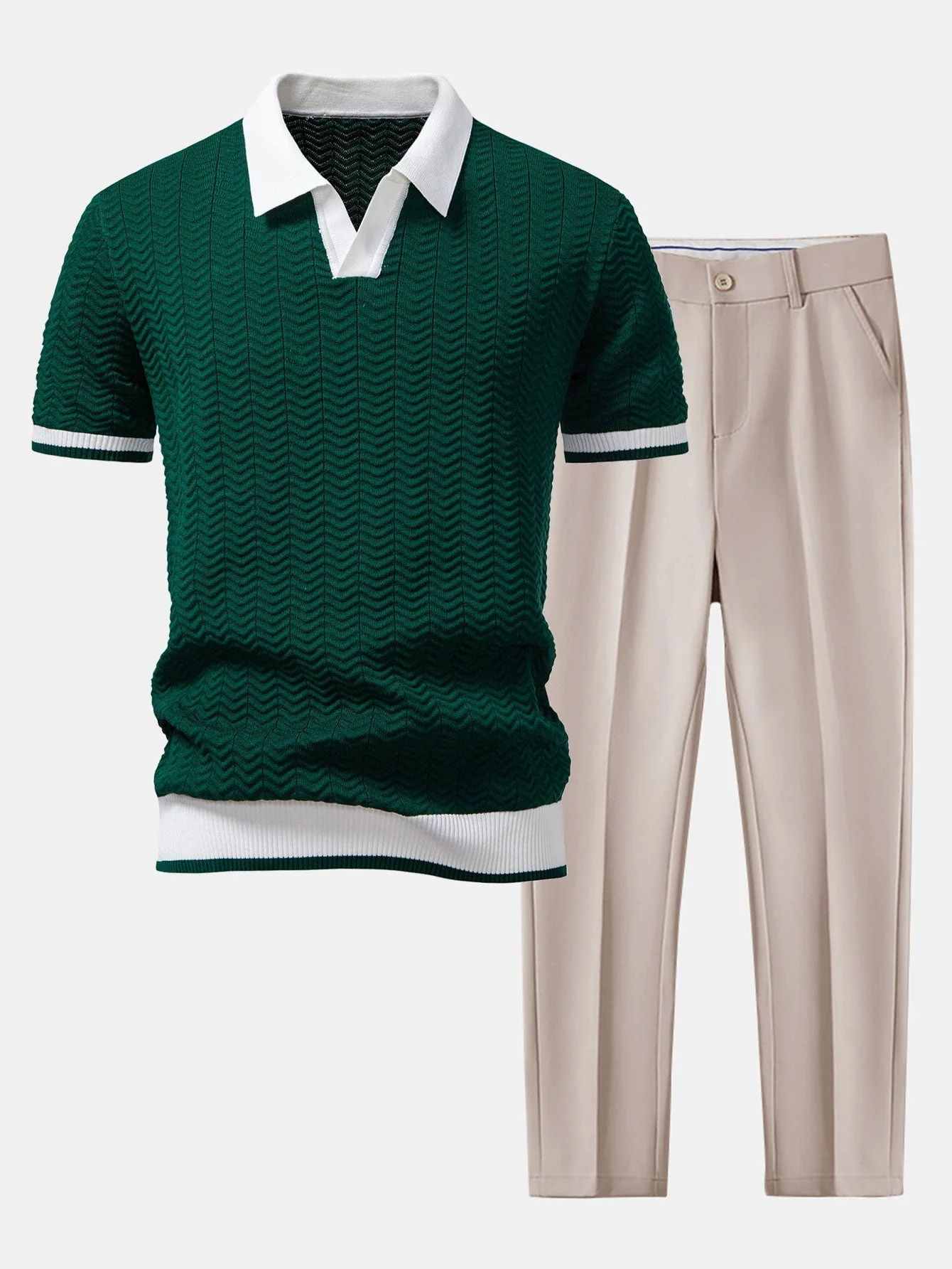 hola V-NECK KNIT POLO SHIRT WITH TEXTURE CONTRAST & SLIM FIT PANTS - Image 2