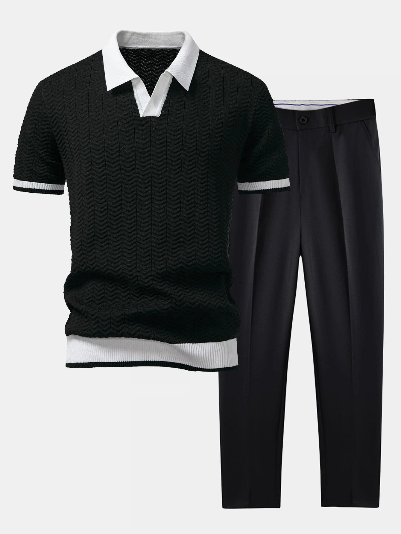hola V-NECK KNIT POLO SHIRT WITH TEXTURE CONTRAST & SLIM FIT PANTS - Image 3