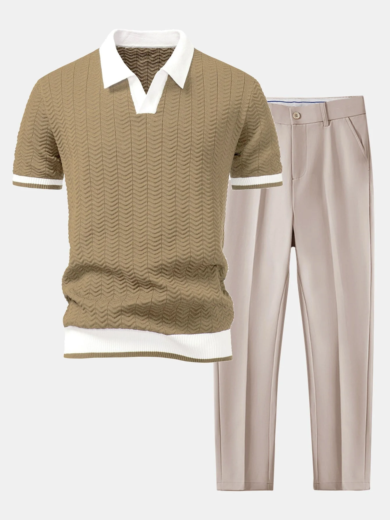 hola V-NECK KNIT POLO SHIRT WITH TEXTURE CONTRAST & SLIM FIT PANTS - Image 4
