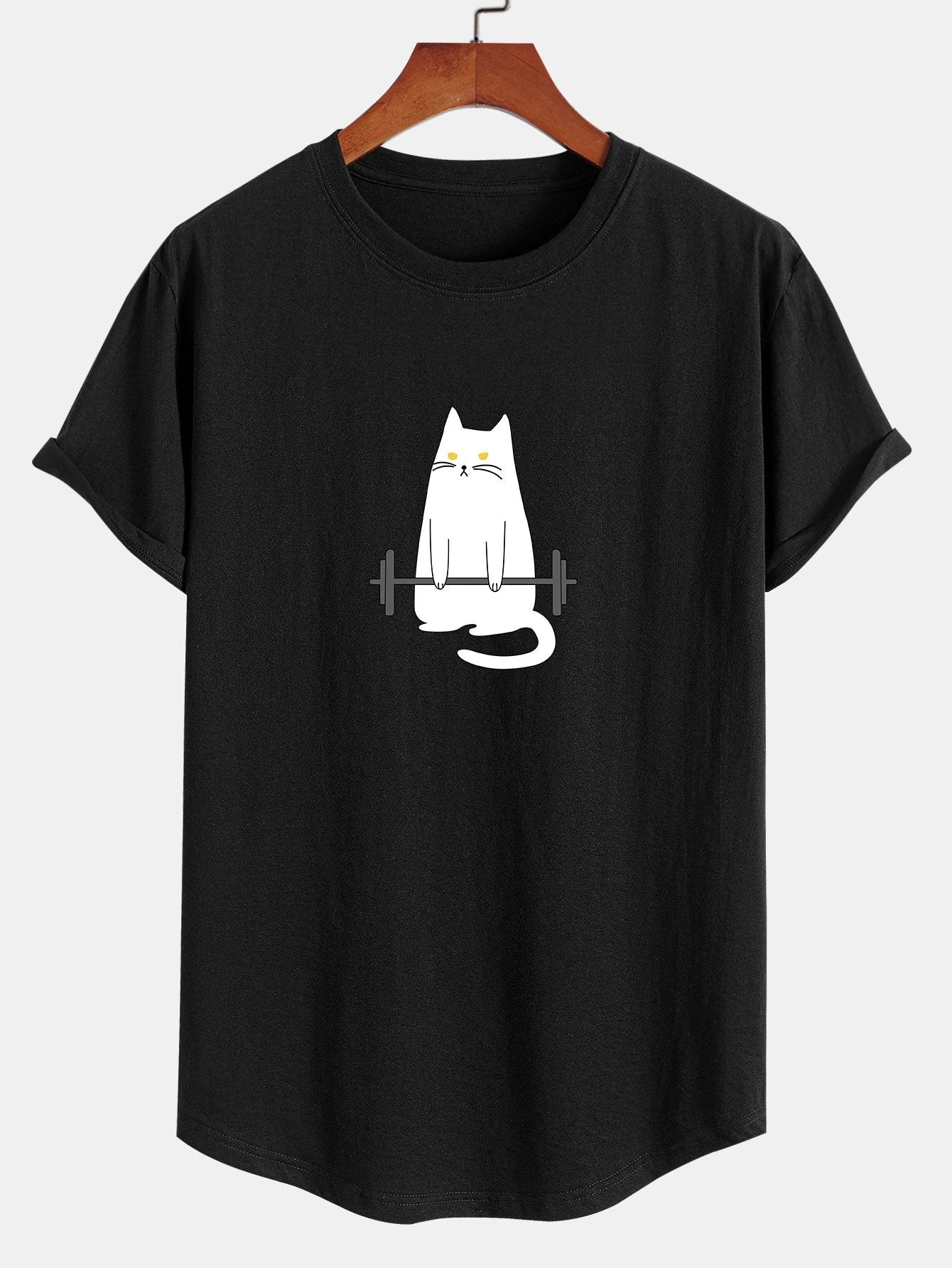 Homero® | Cat Weightlifting Print Cotton Arc Hem T-Shirt - Image 3