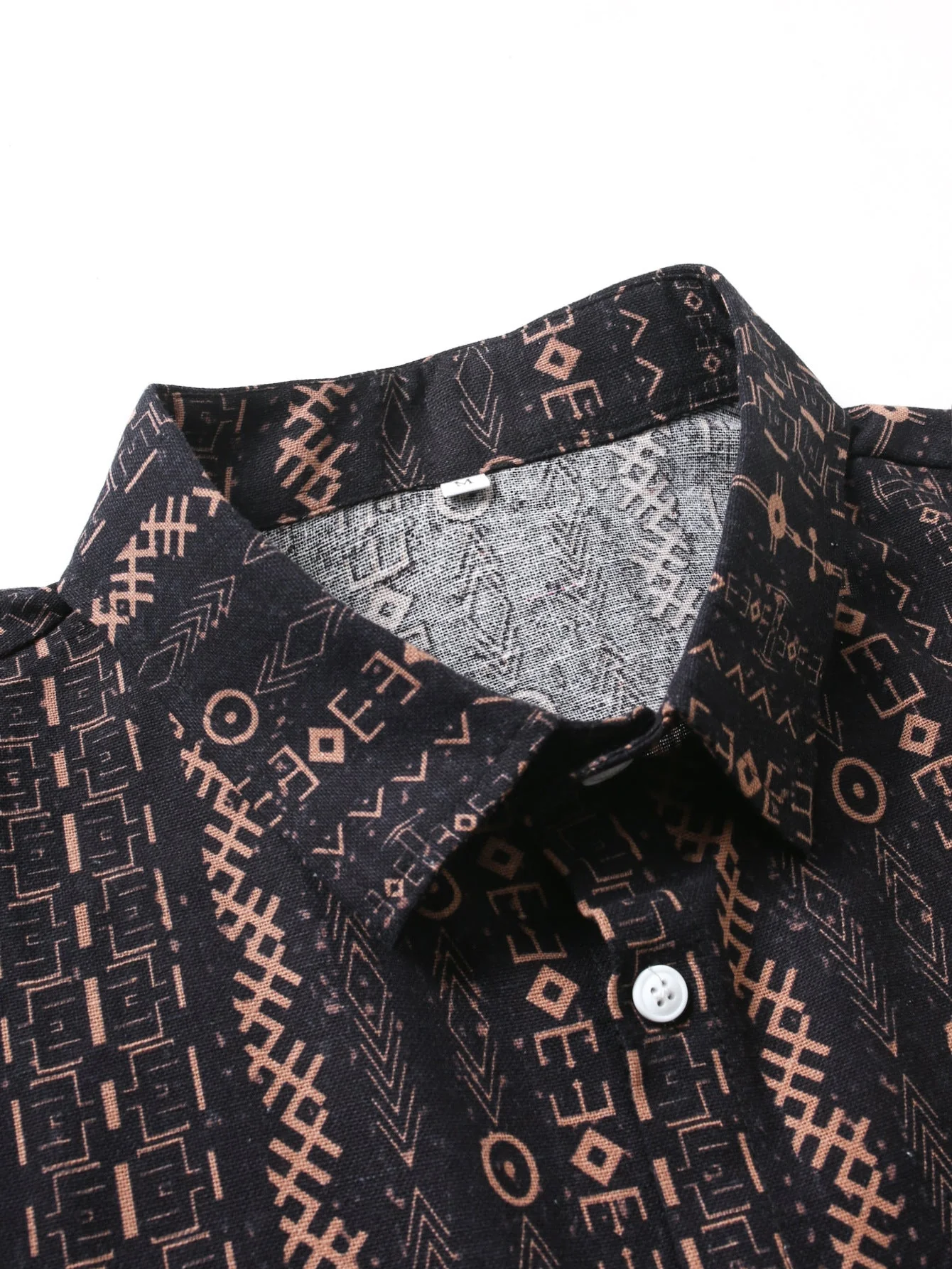 Horacio® | Linen Look Ethnic Geometric Print Button Up Shirt - Image 3