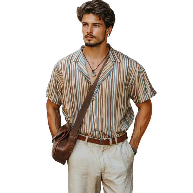 Horacio | Men'S Casual Colorful Striped Digital Print Cuban Collar Loose Short Sleeve Shirt - Image 2