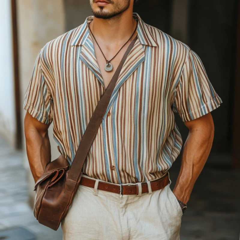 Horacio | Men'S Casual Colorful Striped Digital Print Cuban Collar Loose Short Sleeve Shirt - Image 3