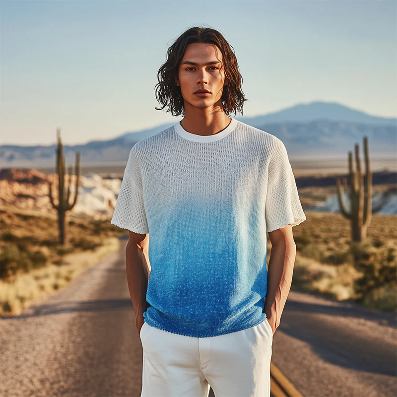 Horacio | Men'S Spring And Summer Fashion Casual Knitted Gradient Hanging Dye Round Neck Short-Sleeved T-Shirt - Image 3