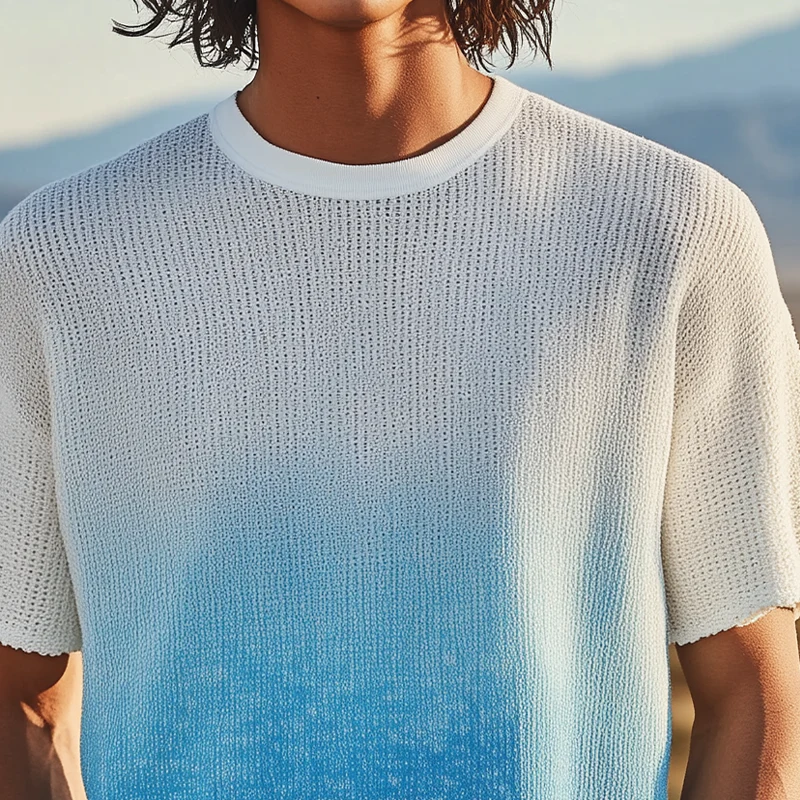 Horacio | Men'S Spring And Summer Fashion Casual Knitted Gradient Hanging Dye Round Neck Short-Sleeved T-Shirt - Image 4