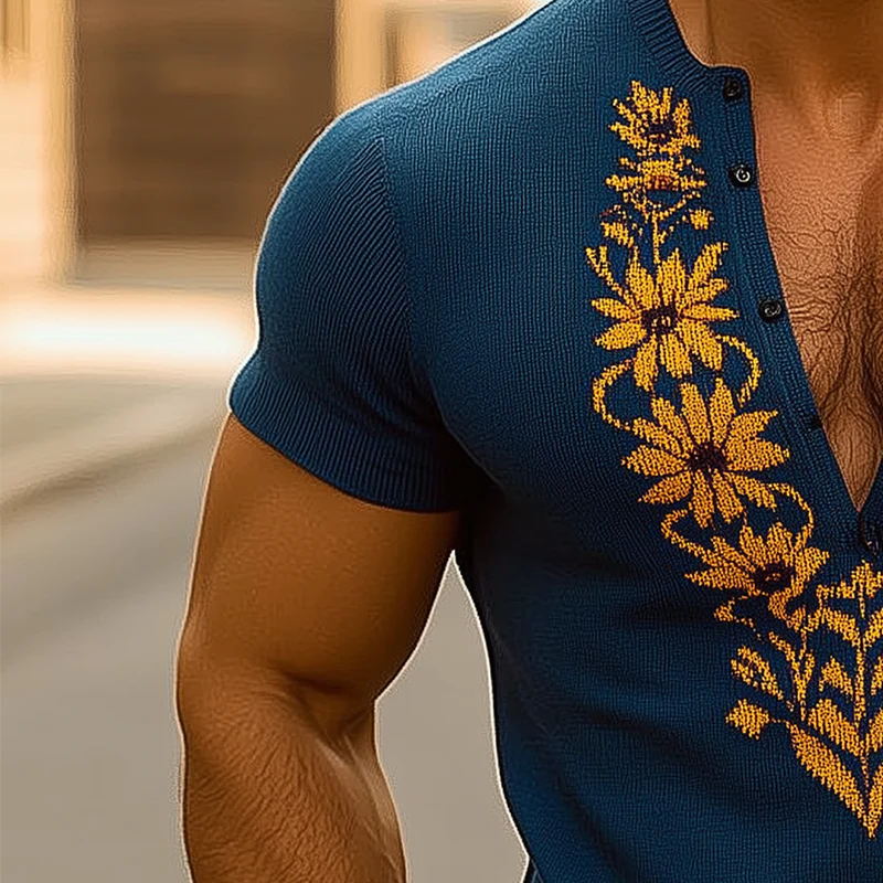 Horacio | Men'S Summer Knitted Jacquard Slim Short Sleeve V Neck T-Shirt - Image 3