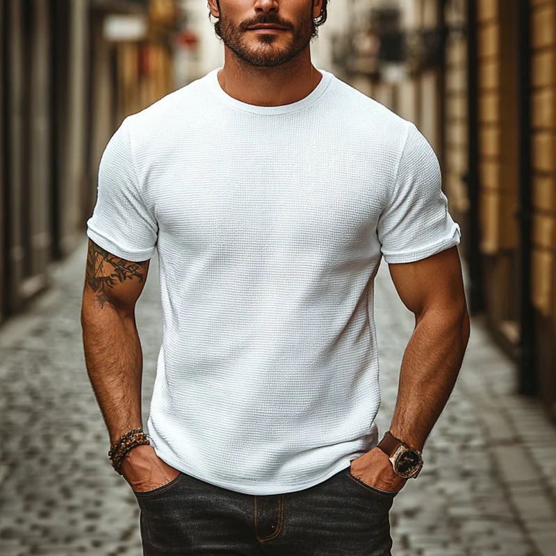 Howard | Men'S Solid Color Waffle Round Neck Short Sleeve T-Shirt - Image 2