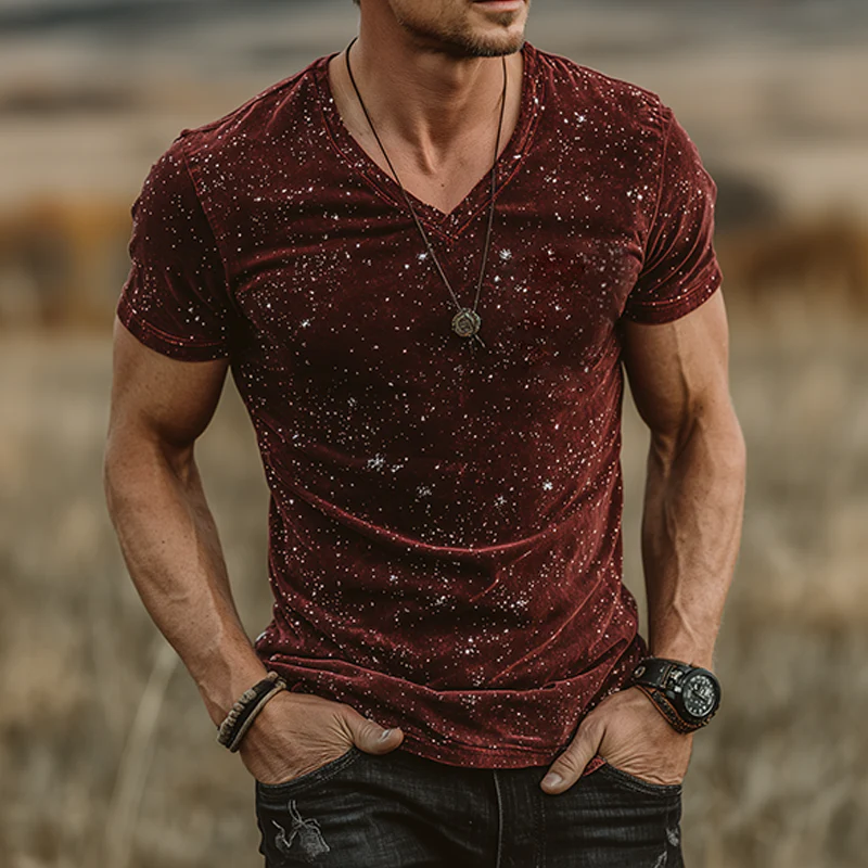 Hugh | Men'S Retro Casual Star Print Velvet V-Neck Short Sleeve T-Shirt - Image 2