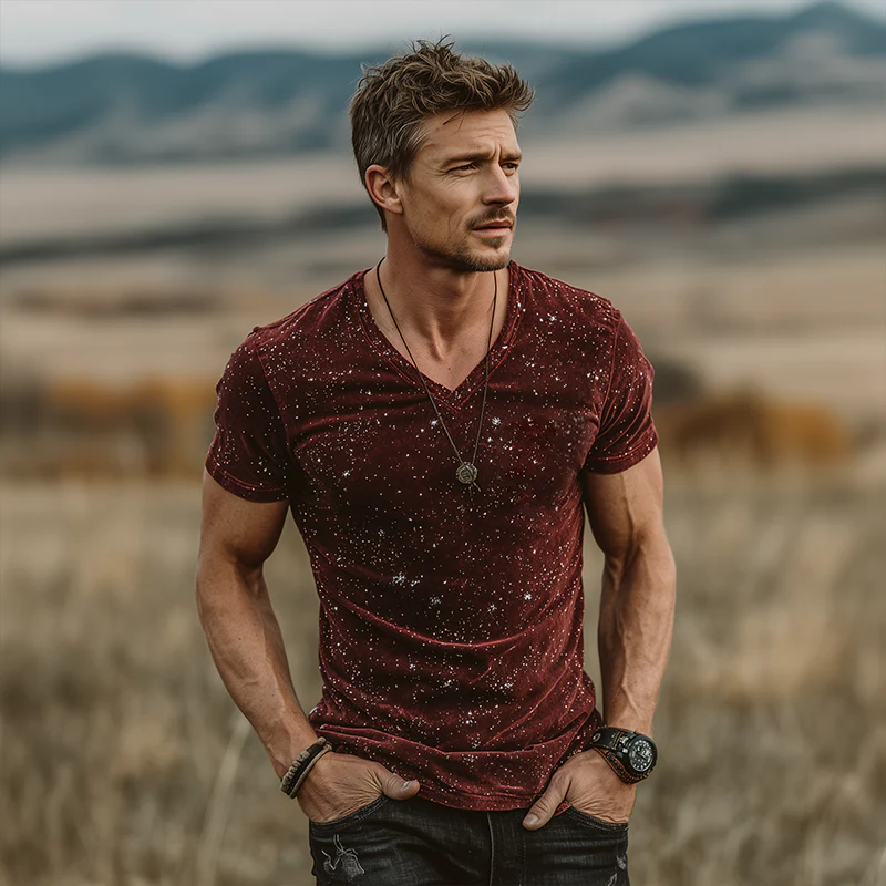 Hugh | Men'S Retro Casual Star Print Velvet V-Neck Short Sleeve T-Shirt - Image 3