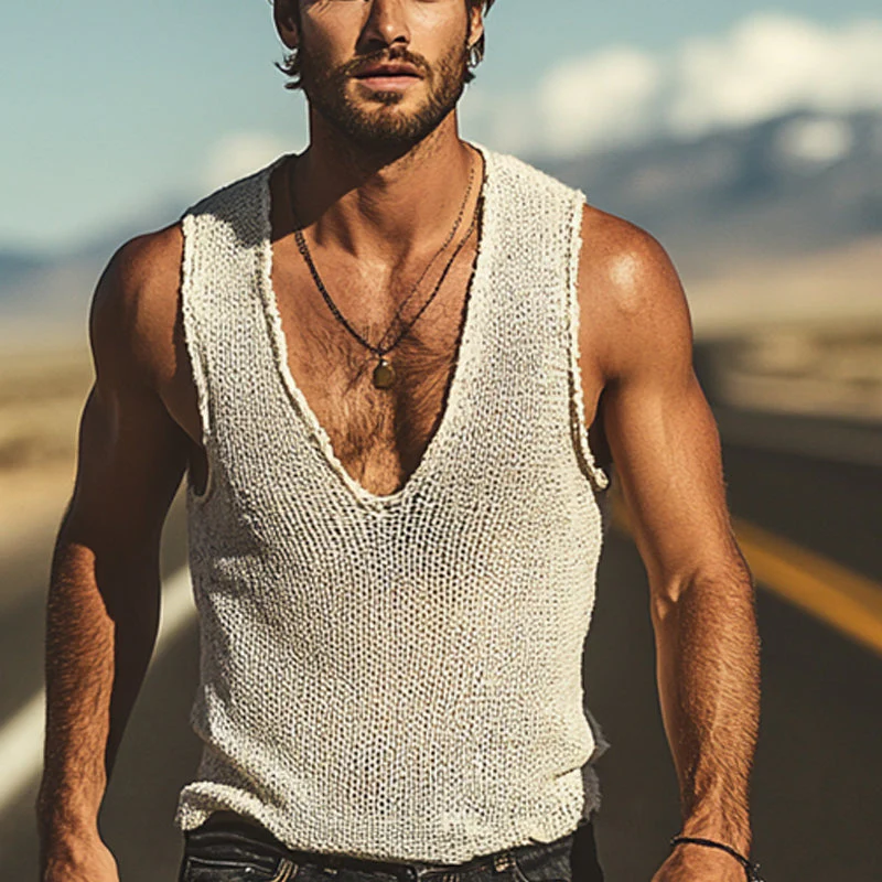 Hugh | Men'S Solid Color Round Neck Knit Loose Tank Tops - Image 4