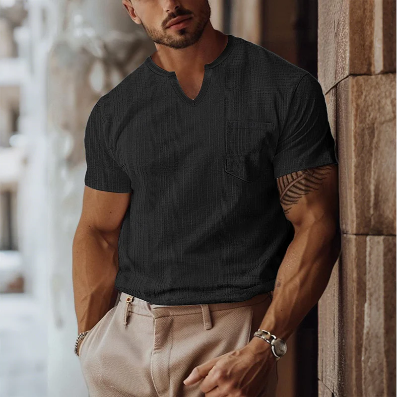 Ian | Men'S Retro Casual Solid Color Pocket Small V-Neck Short Sleeve T-Shirt - Image 2