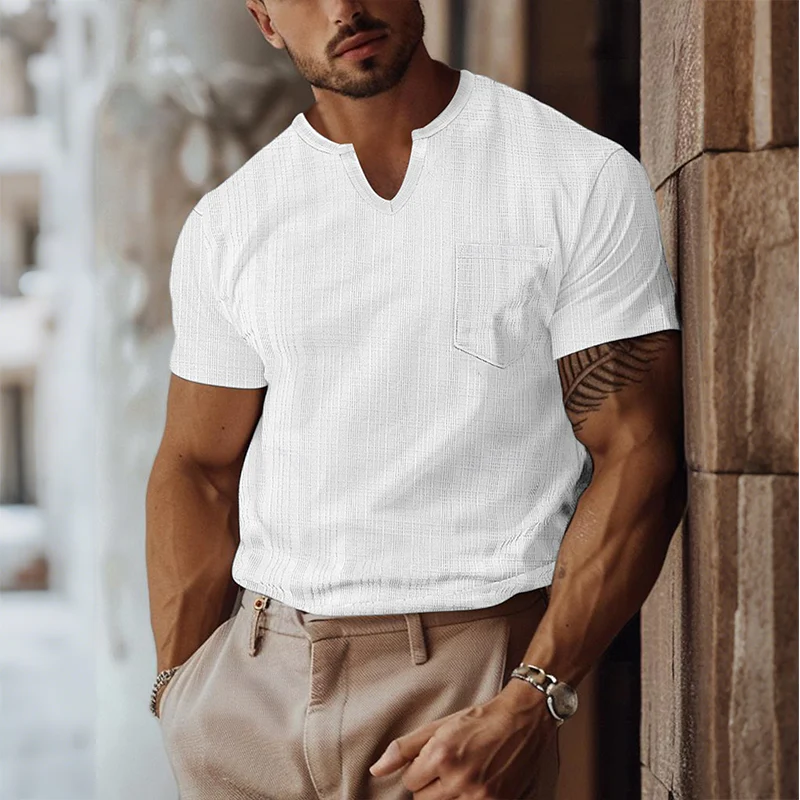 Ian | Men'S Retro Casual Solid Color Pocket Small V-Neck Short Sleeve T-Shirt - Image 3