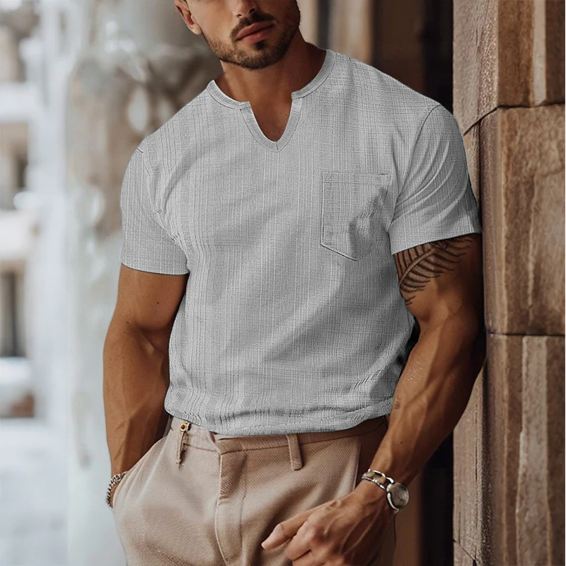 Ian | Men'S Retro Casual Solid Color Pocket Small V-Neck Short Sleeve T-Shirt - Image 4