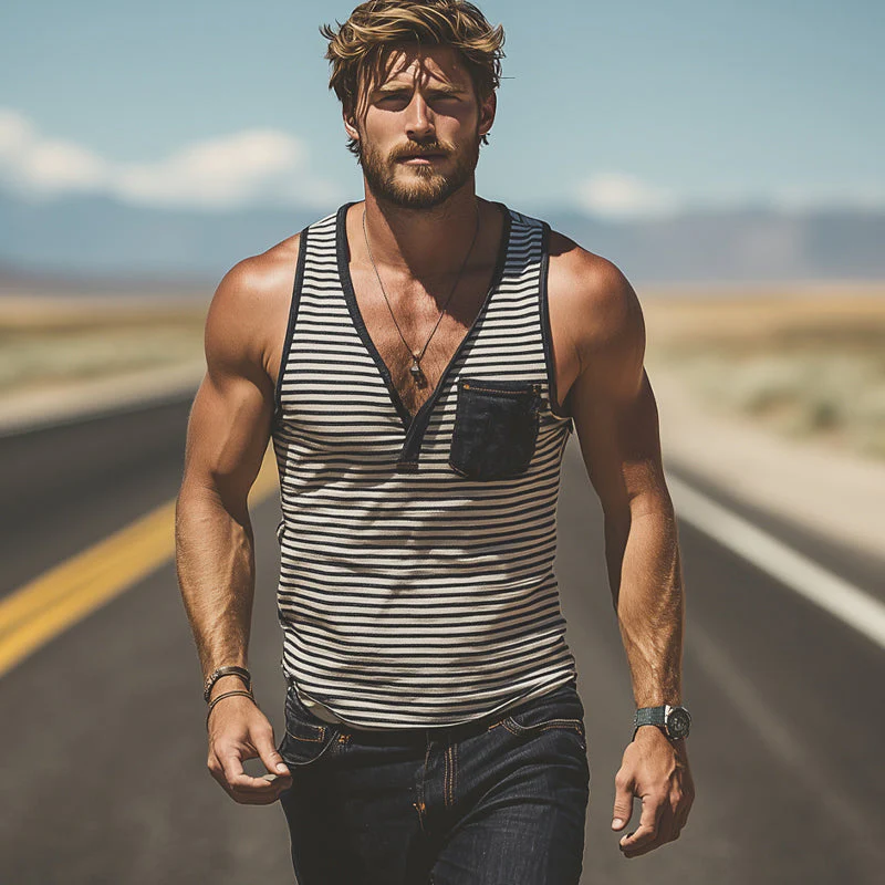Ian | Men'S Slim Fit Pocket Striped V-Neck Tank Tops - Image 3
