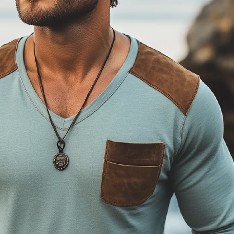 Ignacio | Men'S Basic Cotton V-Neck Suede Stitching Long Sleeve T-Shirt - Image 3