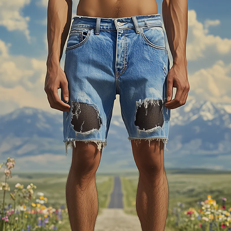 Ignacio | Men'S Spring And Summer Fashion Casual Denim Washed Splicing Mesh Fabric Raw Edge Shorts - Image 3