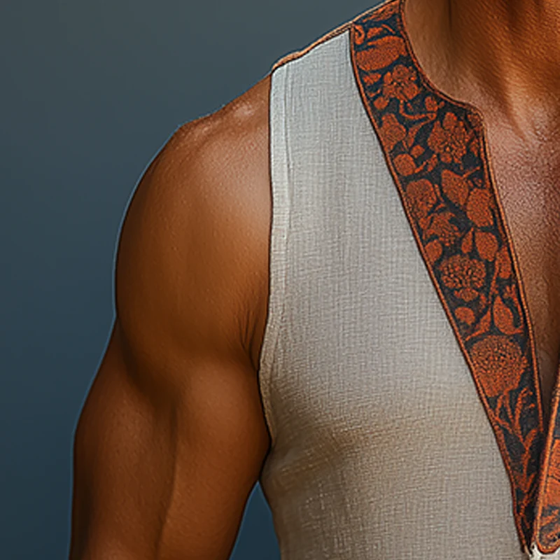 Ignacio | Men'S Summer Fashion Printed Contrast Color Linen Sleeveless Shirt - Image 3