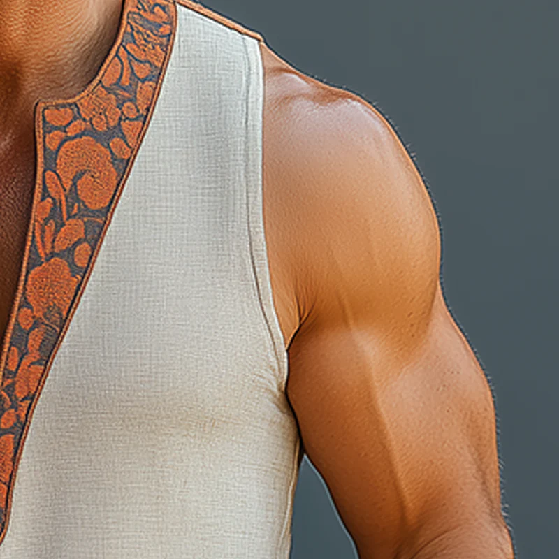 Ignacio | Men'S Summer Fashion Printed Contrast Color Linen Sleeveless Shirt - Image 4