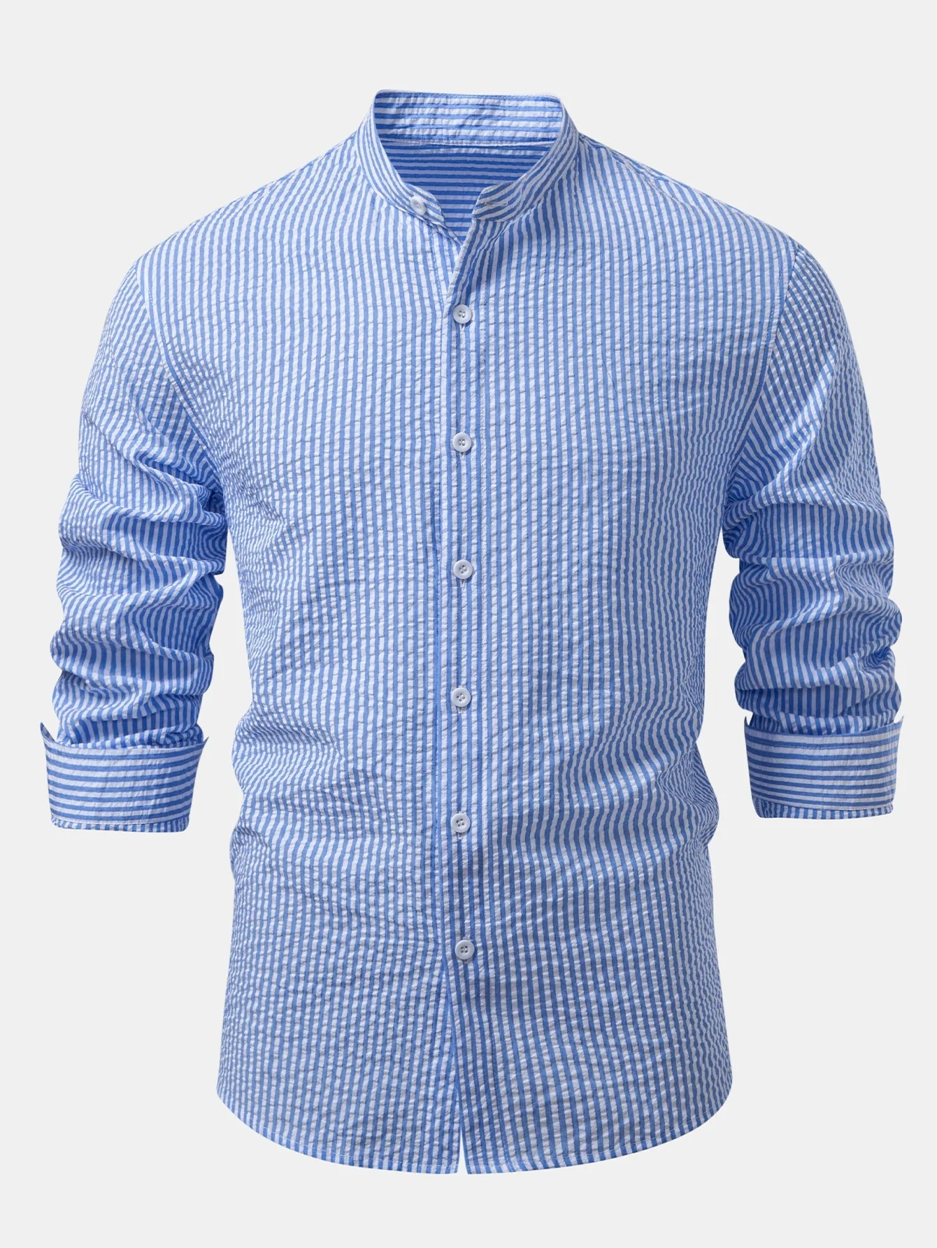 Iker® | Seersucker Striped Stand Collar Shirt & Straight Leg Linen Pants - Image 10