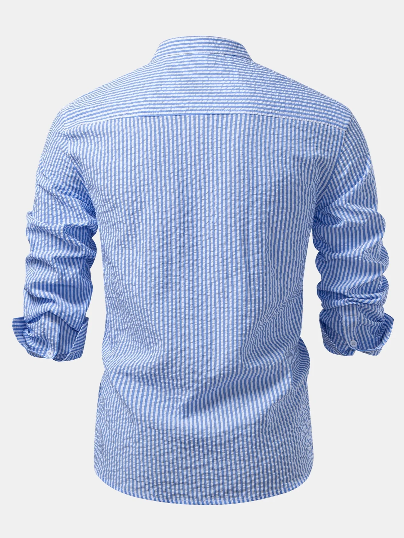 Iker® | Seersucker Striped Stand Collar Shirt & Straight Leg Linen Pants - Image 12