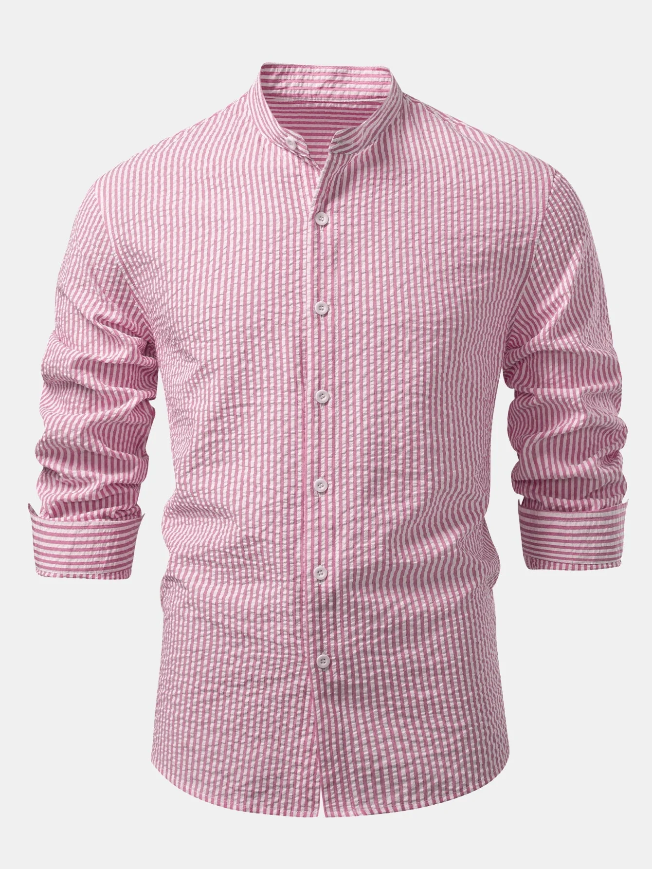 Iker® | Seersucker Striped Stand Collar Shirt & Straight Leg Linen Pants - Image 13