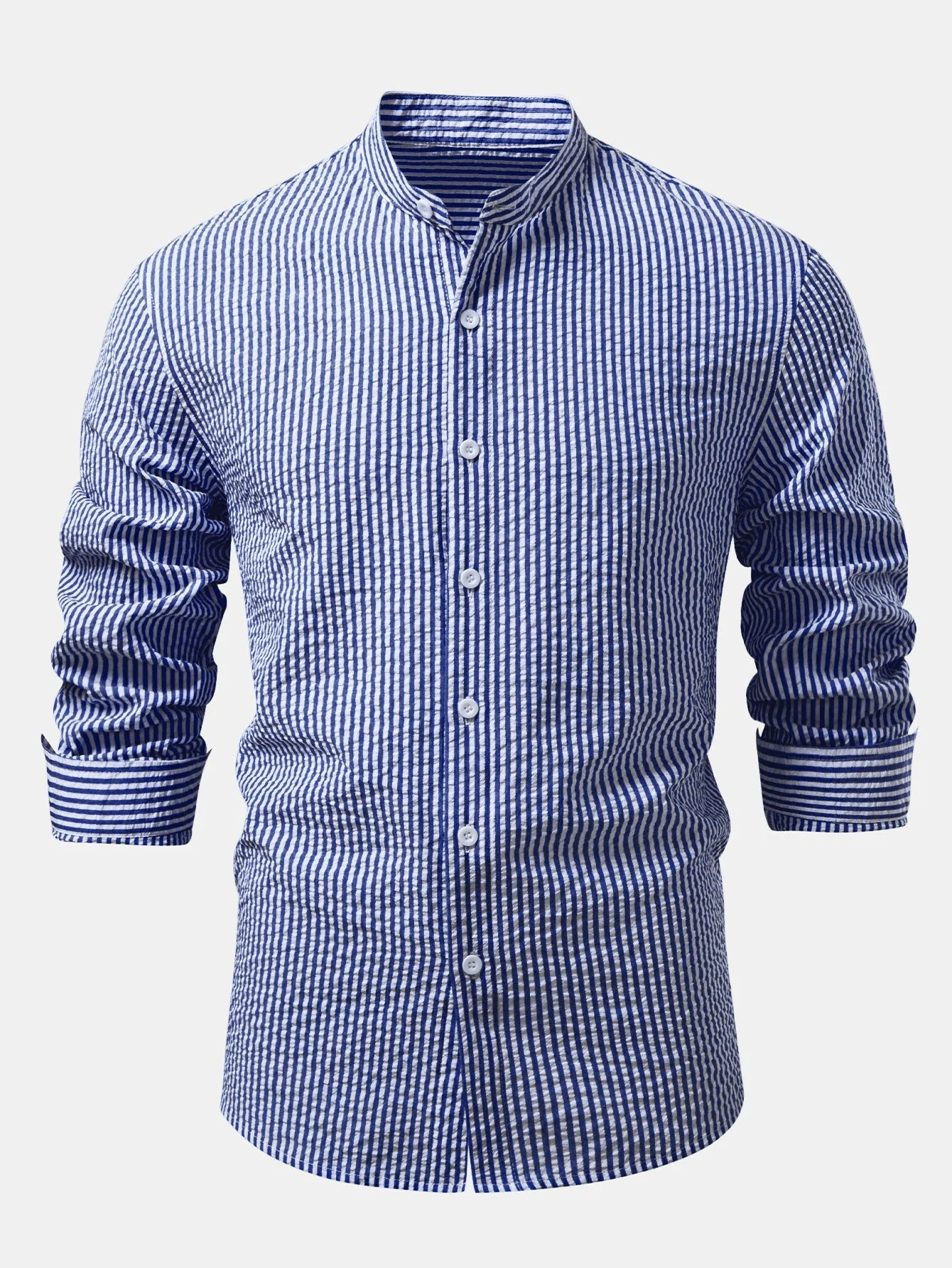 Iker® | Seersucker Striped Stand Collar Shirt & Straight Leg Linen Pants - Image 15