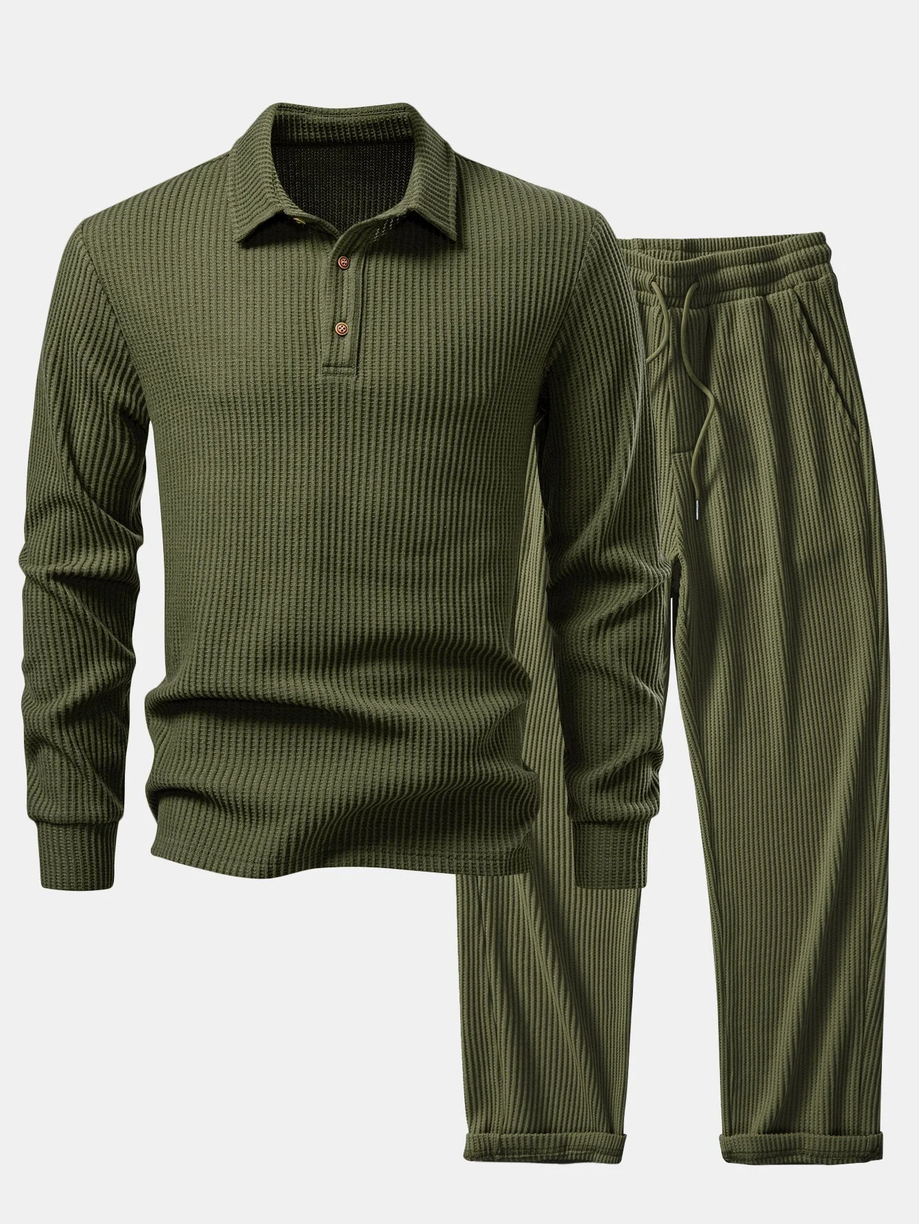 Iliás® | Long Sleeved Knitted Waffle Polo Shirt & Drawstring Knitted Waffle Pants - Image 12