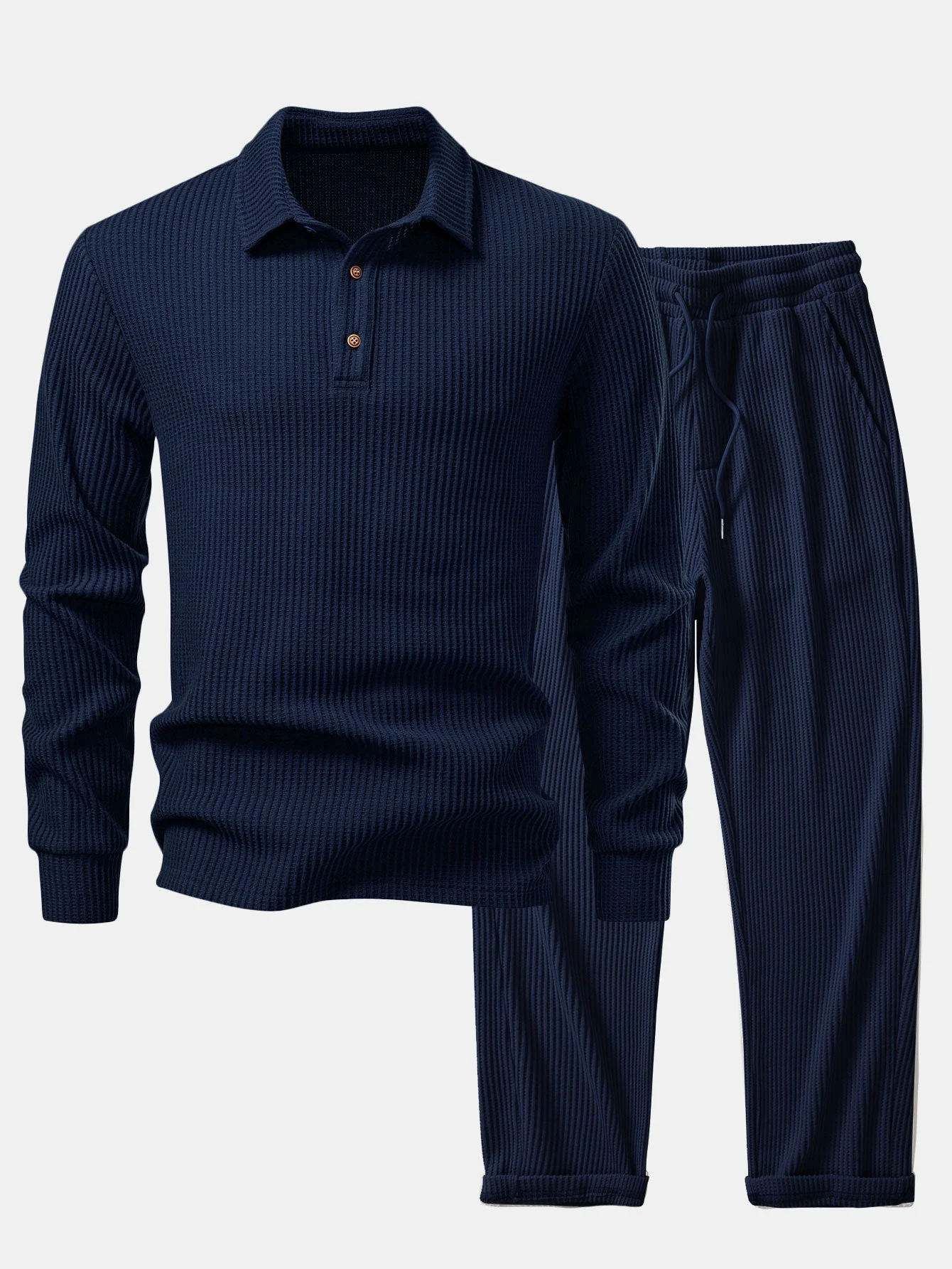 Iliás® | Long Sleeved Knitted Waffle Polo Shirt & Drawstring Knitted Waffle Pants - Image 17