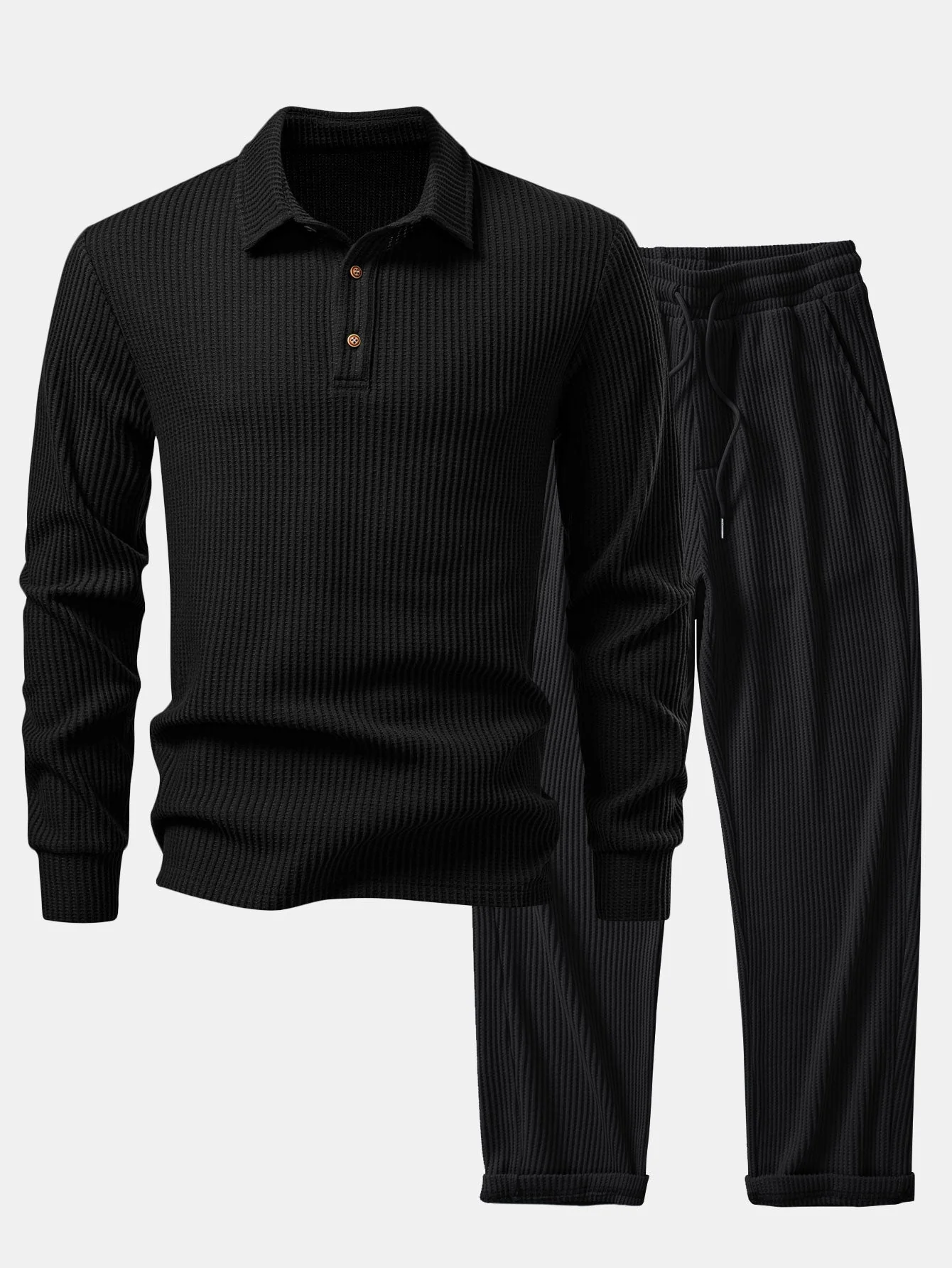 Iliás® | Long Sleeved Knitted Waffle Polo Shirt & Drawstring Knitted Waffle Pants - Image 18