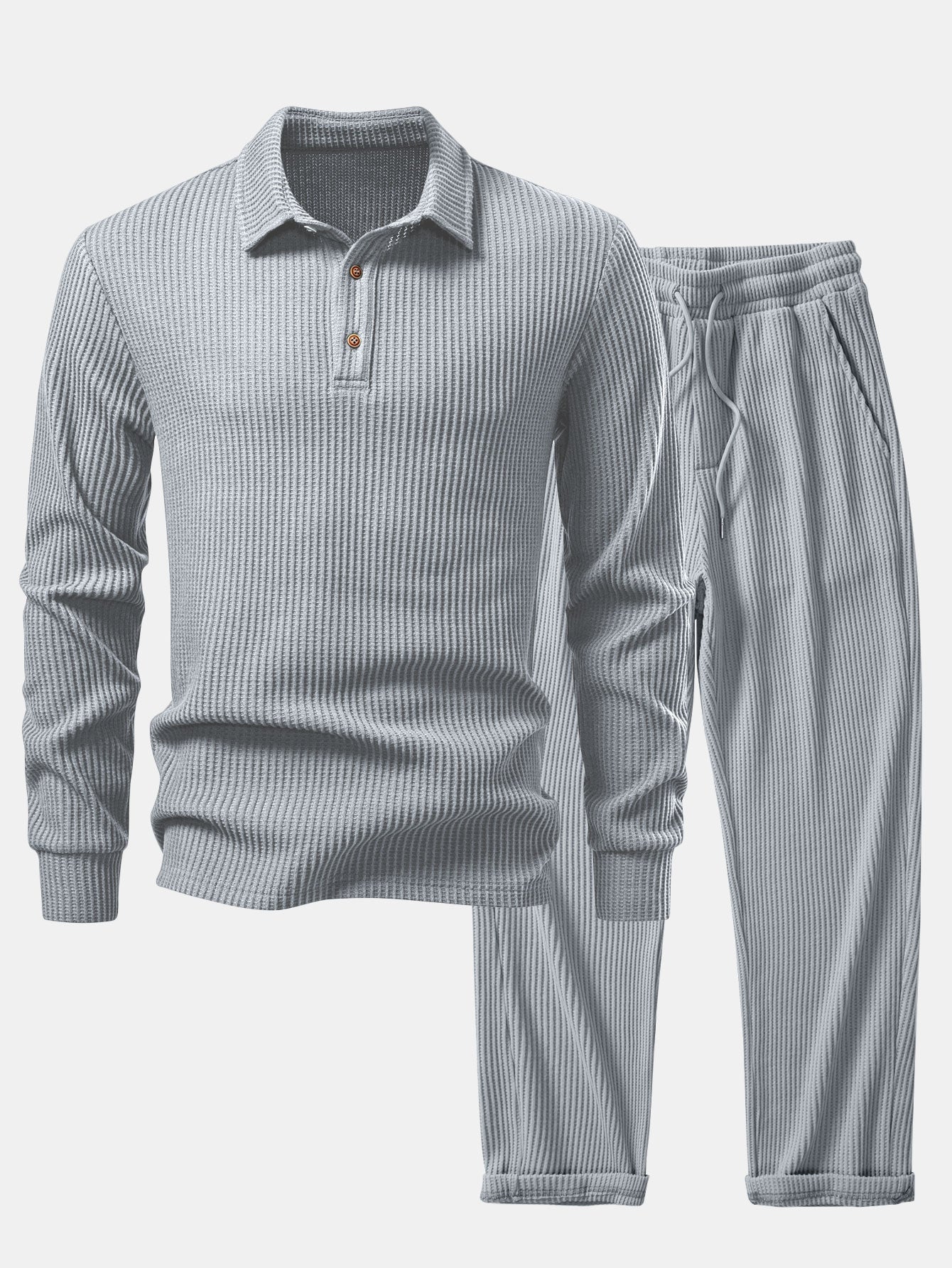 Iliás® | Long Sleeved Knitted Waffle Polo Shirt & Drawstring Knitted Waffle Pants - Image 19