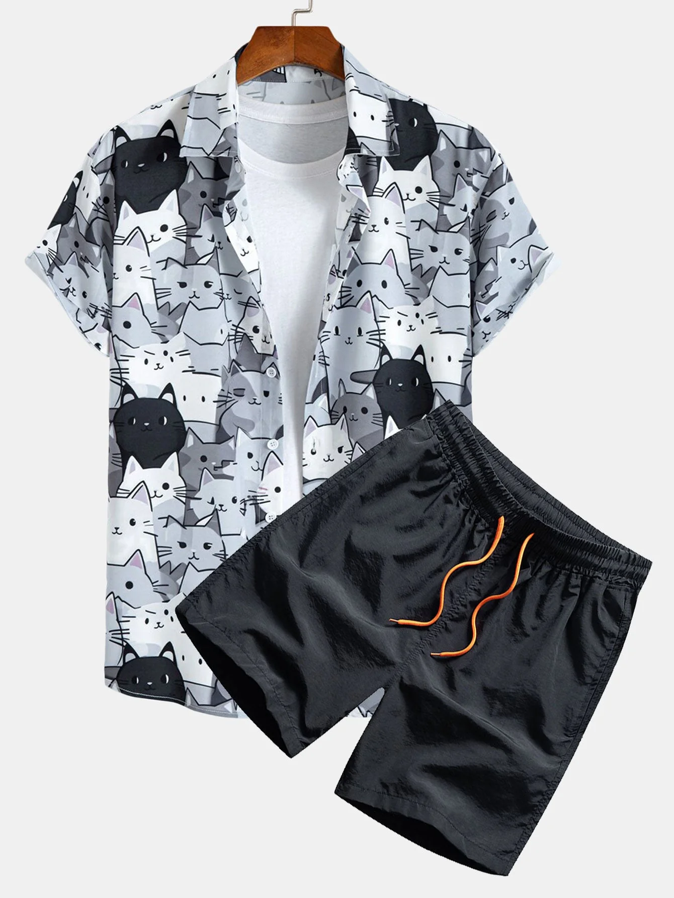 Imran® | Cartoon Cat Print Button Up Shirt & Drawstring Swim Shorts - Image 2