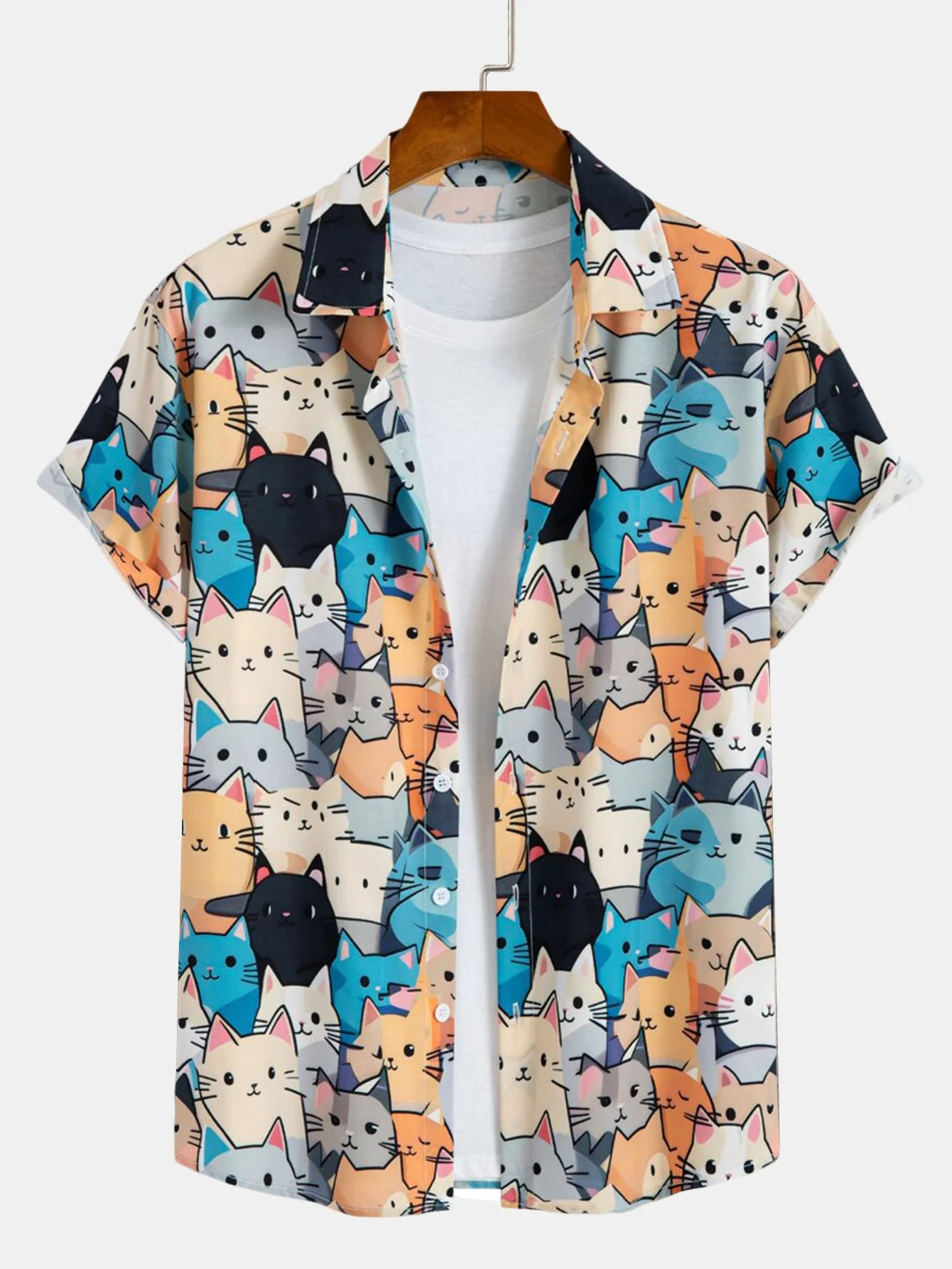 Imran® | Cartoon Cat Print Button Up Shirt & Drawstring Swim Shorts - Image 3