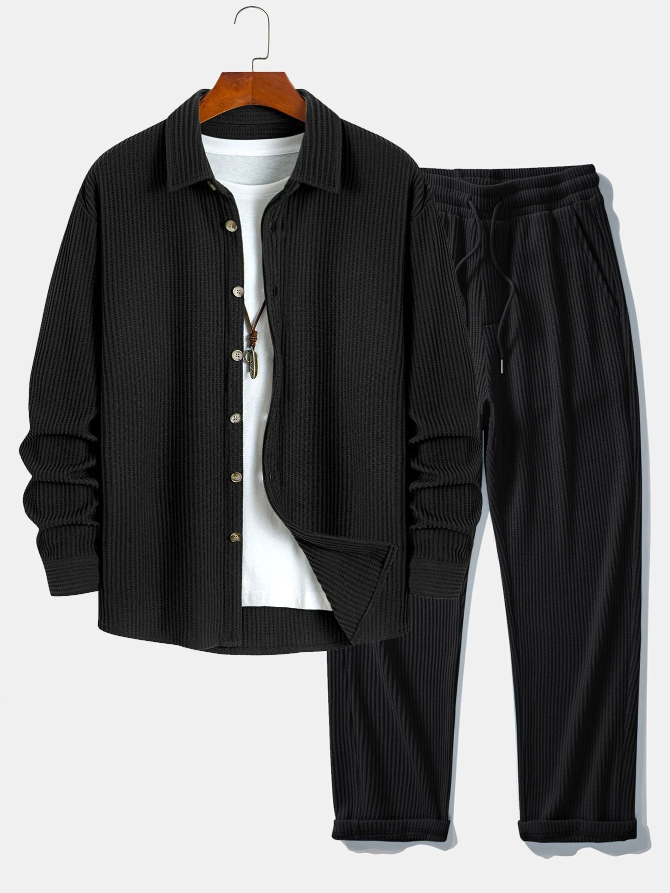 Inocencio® | Long Sleeved Waffle Button Up Shirt & Drawstring Knitted Waffle Pants - Image 12
