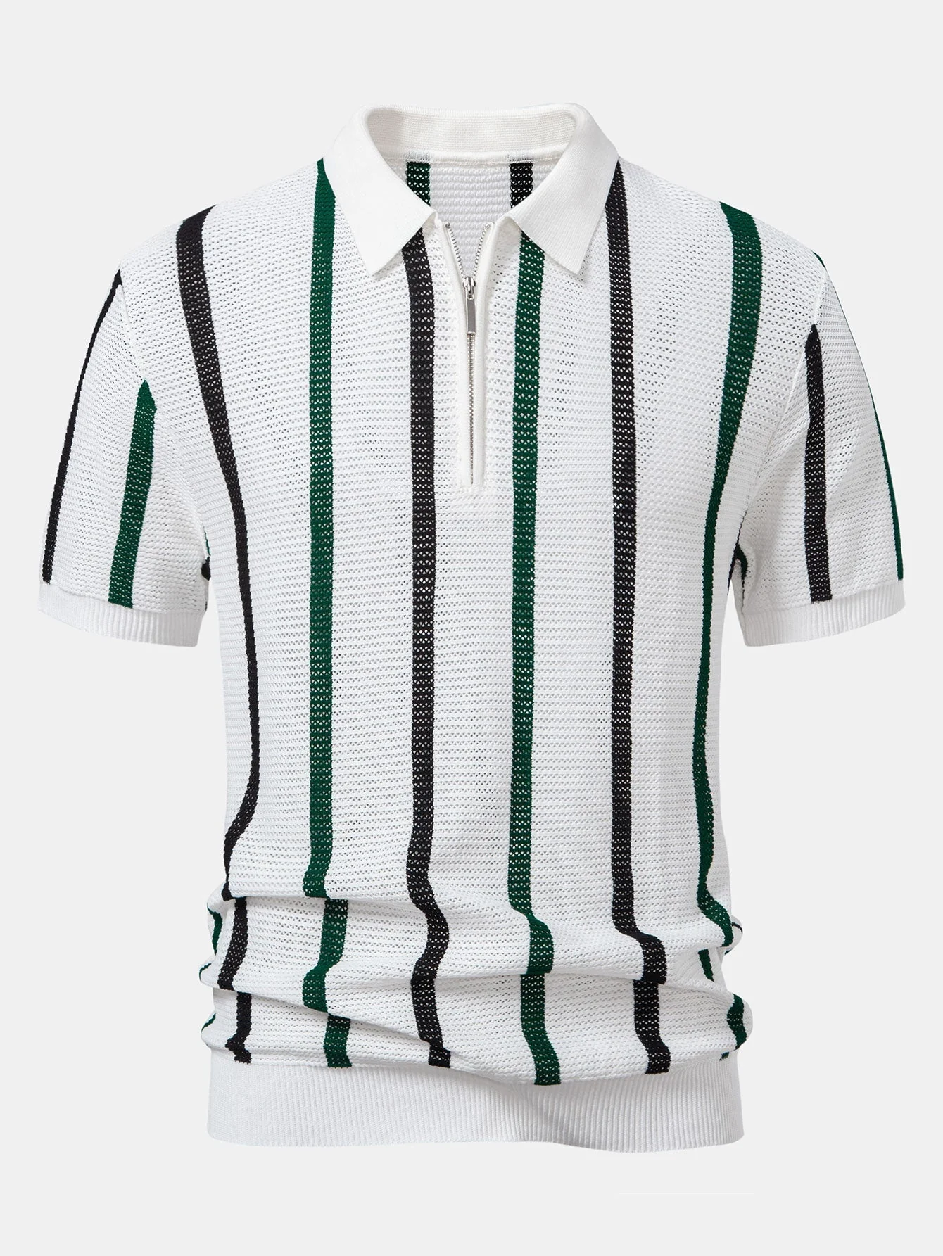 Isaac | Striped Knit Zip Up Polo Shirt - Image 10