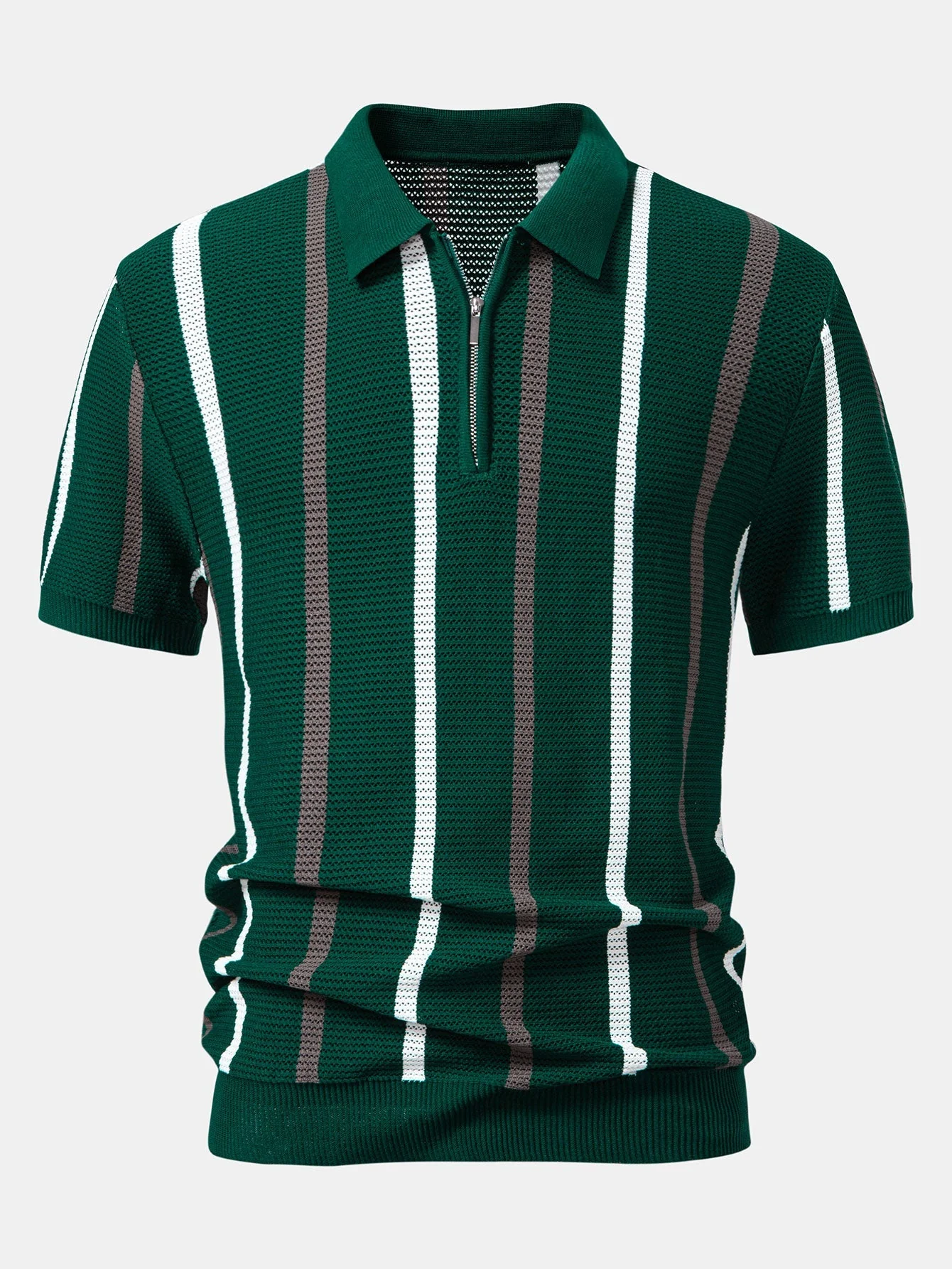 Isaac | Striped Knit Zip Up Polo Shirt - Image 6