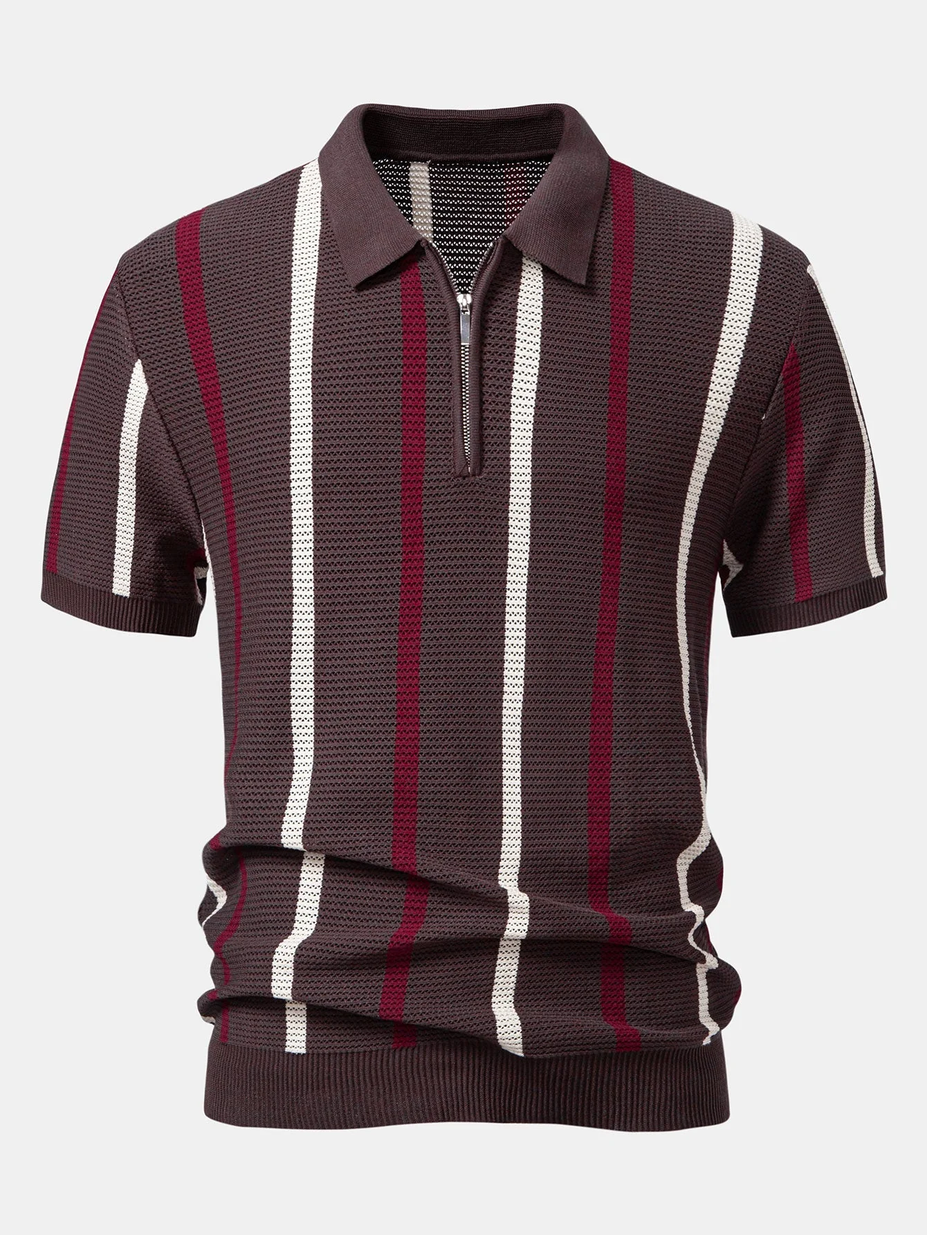 Isaac | Striped Knit Zip Up Polo Shirt - Image 8