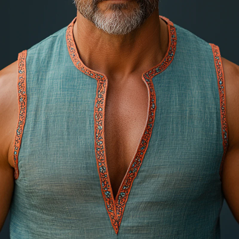 Isaiah | Men'S Summer Fashion Printed Contrast Color Linen Sleeveless Shirt - Image 3
