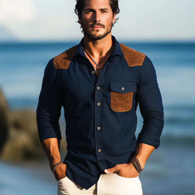 Israel | Men'S Business Cotton Suede Stitching Long Sleeve Shirt - Image 2
