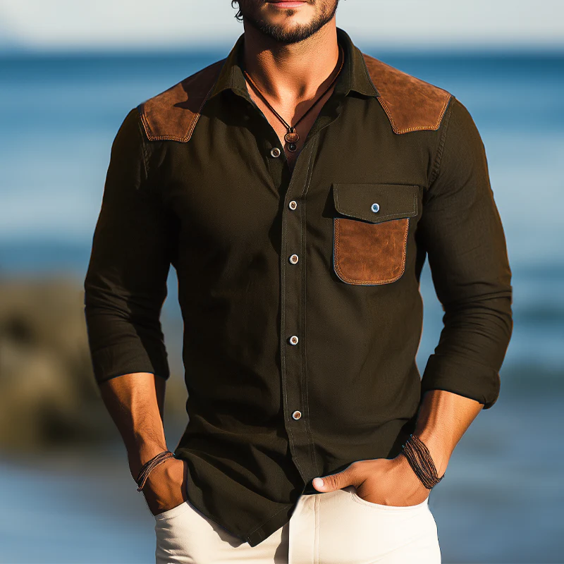 Israel | Men'S Business Cotton Suede Stitching Long Sleeve Shirt - Image 5