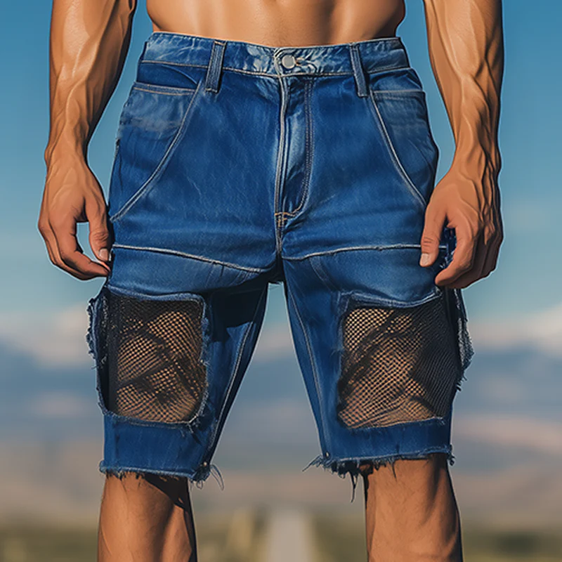 Israel | Men'S Spring And Summer Fashion Casual Denim Washed Splicing Mesh Shorts - Image 2