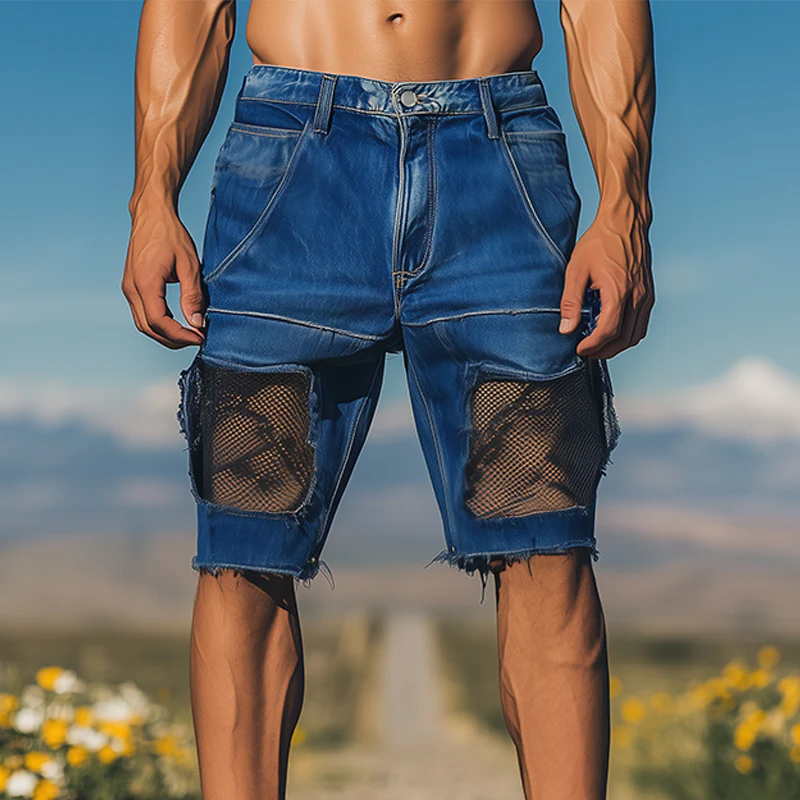 Israel | Men'S Spring And Summer Fashion Casual Denim Washed Splicing Mesh Shorts - Image 3