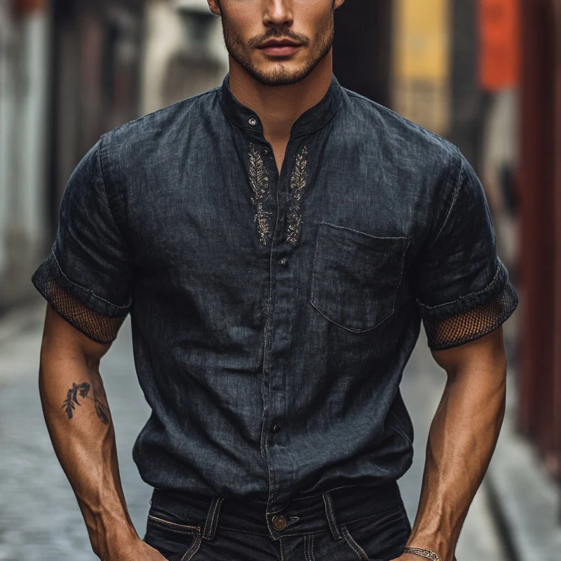 Ivan | Men'S Solid Color Embroidered Stand Collar Short Sleeve Shirt - Image 2