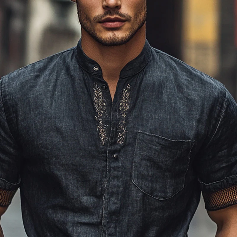 Ivan | Men'S Solid Color Embroidered Stand Collar Short Sleeve Shirt - Image 3