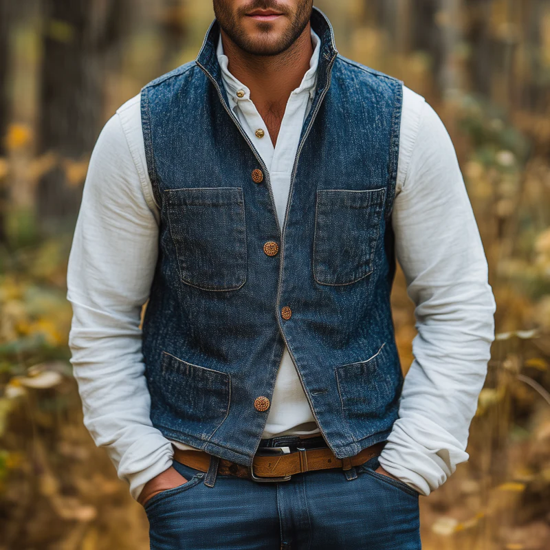 Ivan | Men'S Vintage Washed Stand Collar Single Breasted Multi-Pocket Slim Fit Denim Vest - Image 2