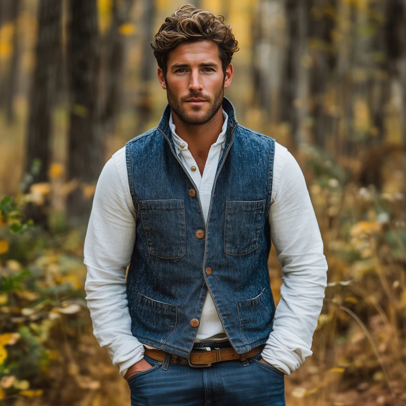 Ivan | Men'S Vintage Washed Stand Collar Single Breasted Multi-Pocket Slim Fit Denim Vest - Image 3