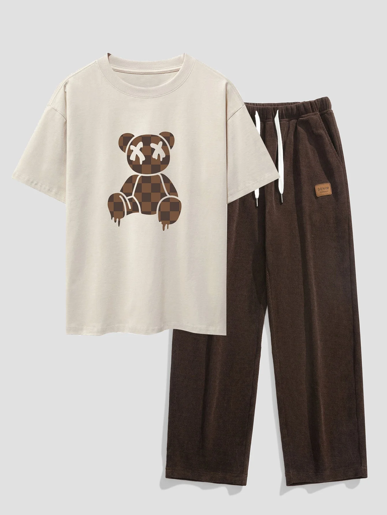 Jacinto® | Checkerboard Dissolving Bear Drop Shoulder Oversize T-Shirt & Straight Leg Corduroy Pants - Image 4