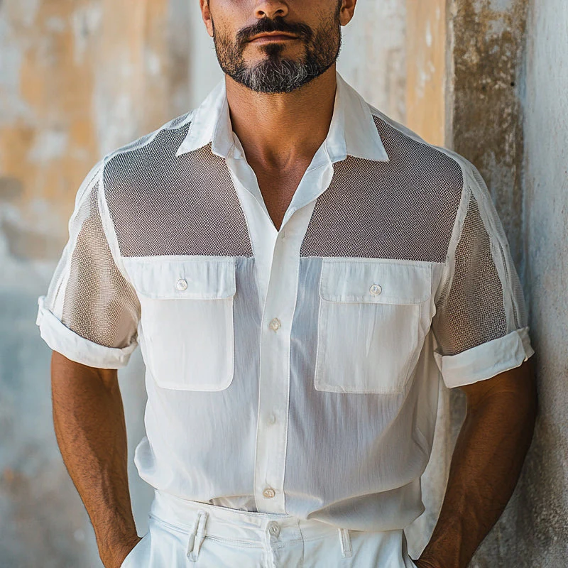 Jack | Men'S Solid Color Stitching Multi-Pocket Short-Sleeved Shirt - Image 2