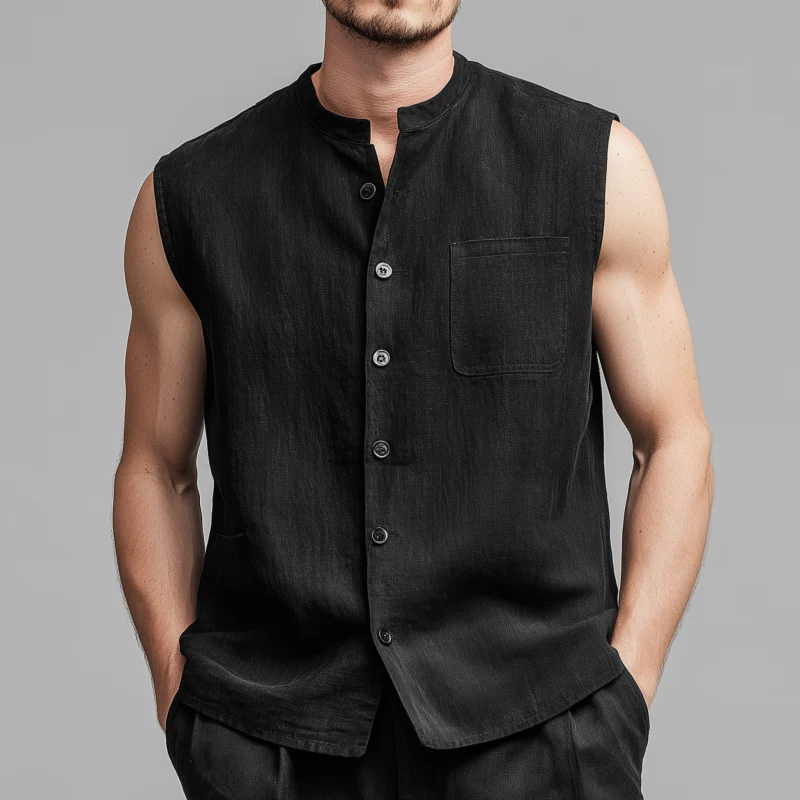 Jack | Men'S Vintage Faux Suede Stand Collar Single Breasted Patch Pocket Loose Sleeveless Shirt - Image 2