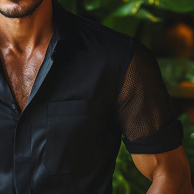 Jacob | Men'S Solid Color Mesh Short Sleeve Stitching Lapel Shirt - Image 3